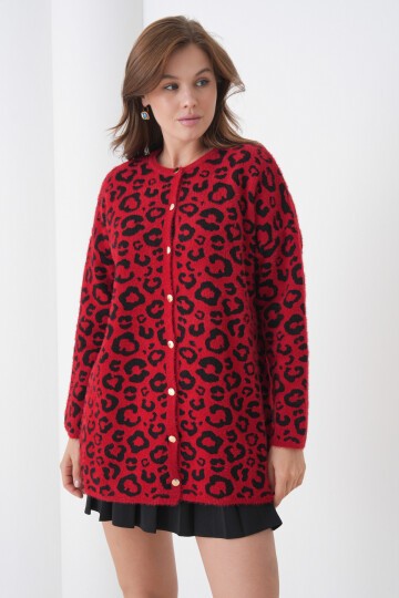 Kadın Tesettüre Uygun Midi Boy Uzun Kol Önden Düğmeli Leopar Desenli Spor Şık Triko Ceket