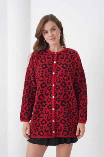 Kadın Tesettüre Uygun Midi Boy Uzun Kol Önden Düğmeli Leopar Desenli Spor Şık Triko Ceket