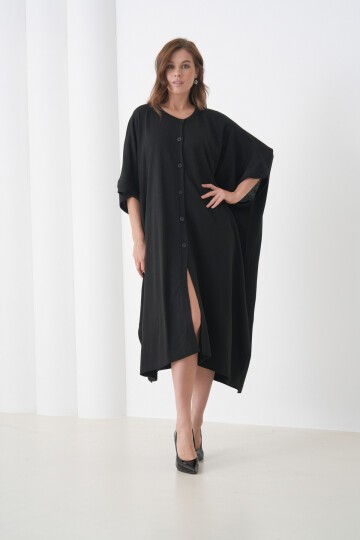 Kadın Tesettüre Uygun Önden Düğmeli Asimetrik Kesim Yarasa Kol Şık Geniş Kalıp Panço Ceket