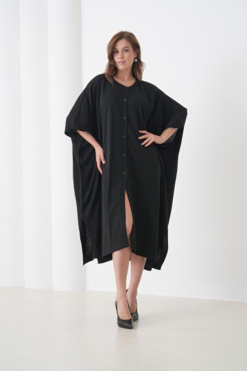 Kadın Tesettüre Uygun Önden Düğmeli Asimetrik Kesim Yarasa Kol Şık Geniş Kalıp Panço Ceket