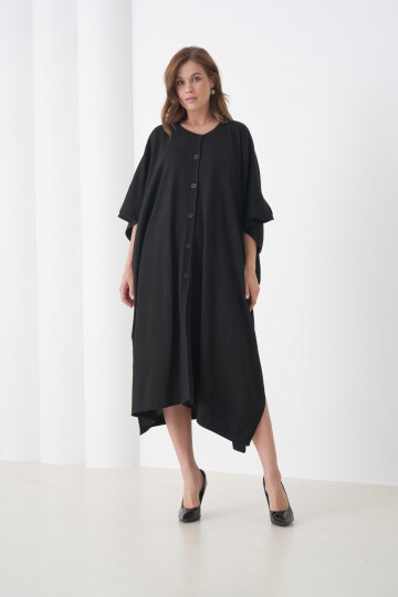 Kadın Tesettüre Uygun Önden Düğmeli Asimetrik Kesim Yarasa Kol Şık Geniş Kalıp Panço Ceket