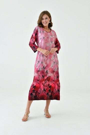 Kadın Truvakar Kol Desenli Midi Boy Büyük Beden Curve Gecelik Yırtmaçlı Pamuk Elbise