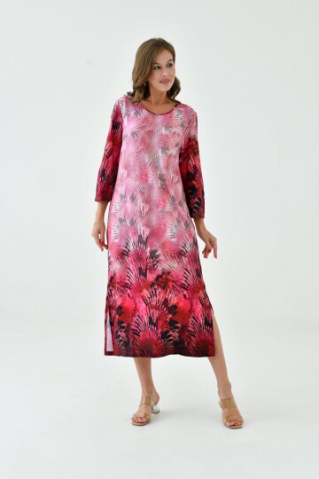 Kadın Truvakar Kol Desenli Midi Boy Büyük Beden Curve Gecelik Yırtmaçlı Pamuk Elbise