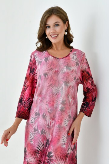 Kadın Truvakar Kol Desenli Midi Boy Büyük Beden Curve Gecelik Yırtmaçlı Pamuk Elbise