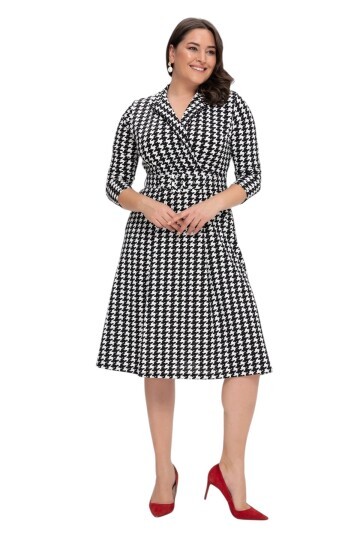 Kadın Truvakar Kol Gömlek Yaka Kemerli Kazayağı Desenli Çan Etekli