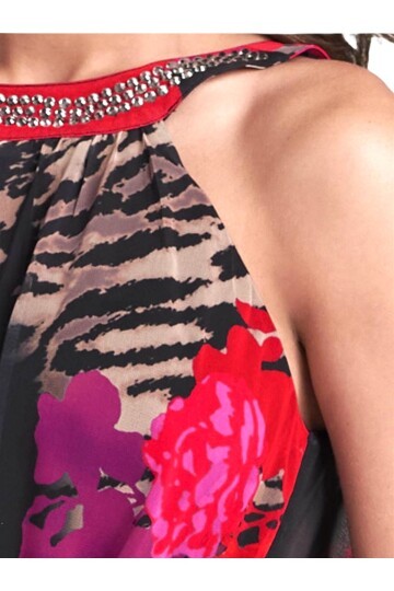 Kadın Tül Detaylı Omuz Açık Taş Yaka Siyah Leopar Ve Çiçek Desen Şık Rahat Kalıp Uzun Gece Elbisesi