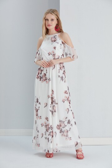 Kadın Tül Detaylı Omzu Açık Şık Rahat Kalıp Büyük Beden Abiye Elbise