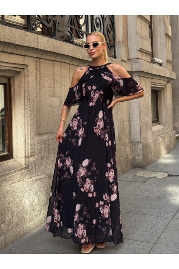 Kadın Tül Detaylı Omzu Açık Şık Rahat Kalıp Büyük Beden Abiye Elbise