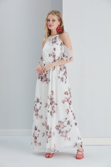 Kadın Tül Detaylı Omzu Açık Şık Rahat Kalıp Büyük Beden Abiye Elbise