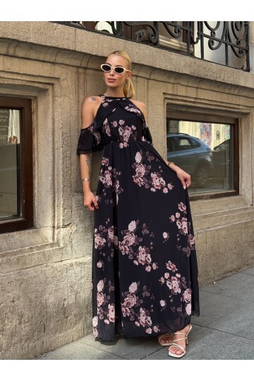 Kadın Tül Detaylı Omzu Açık Şık Rahat Kalıp Büyük Beden Abiye Elbise