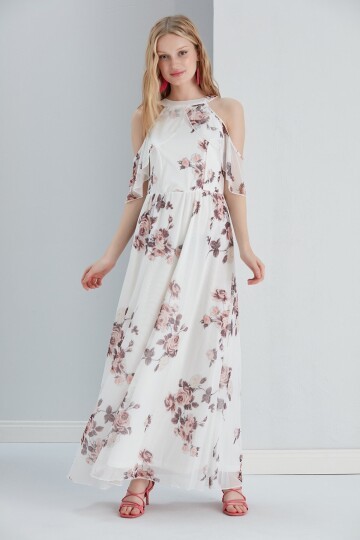 Kadın Tül Detaylı Omzu Açık Şık Rahat Kalıp Büyük Beden Abiye Elbise