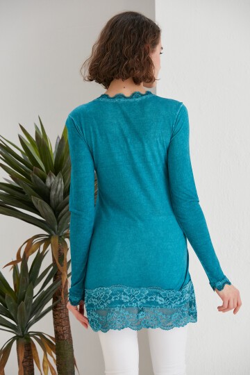 Kadın Turkuaz Mavi Dantel Detaylı Uzun Kol Curve Spor Şık Bluz Tunik