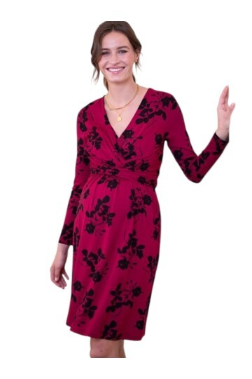 Kadın Uzun Kol Emzirme Detaylı Tesettüre Uygun Çiçek Desenli Viskon Rahat Şık Midi Hamile Elbisesi