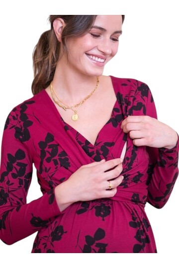 Kadın Uzun Kol Emzirme Detaylı Tesettüre Uygun Çiçek Desenli Viskon Rahat Şık Midi Hamile Elbisesi