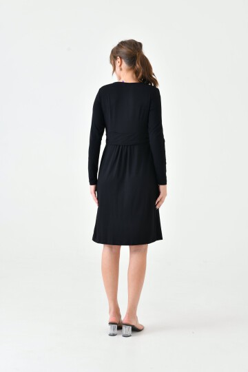 Kadın Uzun Kol Emzirme Detaylı Tesettüre Uygun Viskon Rahat Şık Midi Hamile Elbisesi