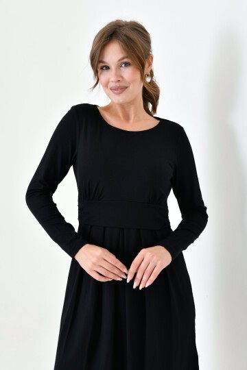 Kadın Uzun Kol Emzirme Detaylı Tesettüre Uygun Viskon Rahat Şık Midi Hamile Elbisesi