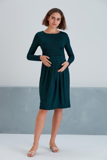 Kadın Uzun Kol Emzirme Detaylı Viskon Rahat Şık Hamile Elbisesi