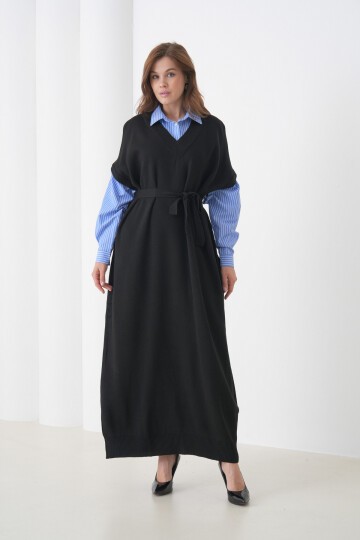 Kadın Uzun Kol Gömlek Yaka İçi Gömlekli Triko Kuşaklı Triko Spor Şık Elbise