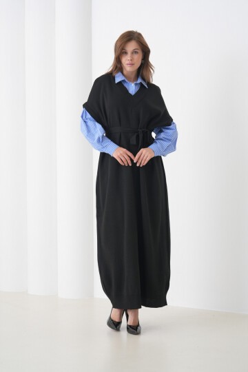 Kadın Uzun Kol Gömlek Yaka İçi Gömlekli Triko Kuşaklı Triko Spor Şık Elbise