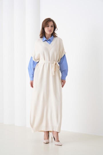 Kadın Uzun Kol Gömlek Yaka İçi Gömlekli Triko Kuşaklı Triko Spor Şık Elbise