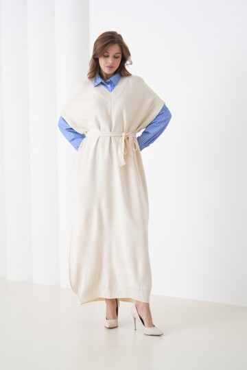 Kadın Uzun Kol Gömlek Yaka İçi Gömlekli Triko Kuşaklı Triko Spor Şık Elbise