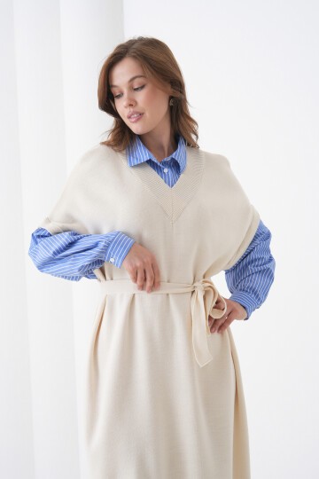 Kadın Uzun Kol Gömlek Yaka İçi Gömlekli Triko Kuşaklı Triko Spor Şık Elbise