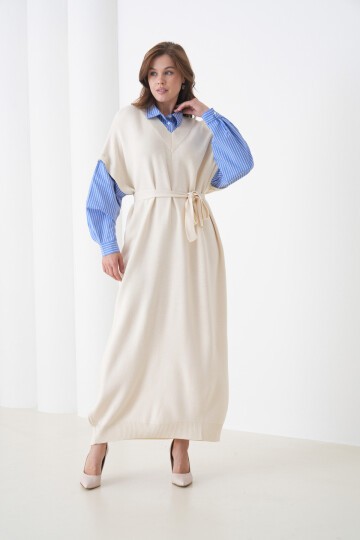 Kadın Uzun Kol Gömlek Yaka İçi Gömlekli Triko Kuşaklı Triko Spor Şık Elbise