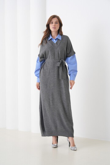 Kadın Uzun Kol Gömlek Yaka İçi Gömlekli Triko Kuşaklı Triko Spor Şık Elbise