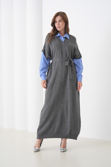 Kadın Uzun Kol Gömlek Yaka İçi Gömlekli Triko Kuşaklı Triko Spor Şık Elbise