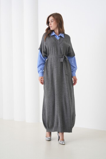 Kadın Uzun Kol Gömlek Yaka İçi Gömlekli Triko Kuşaklı Triko Spor Şık Elbise