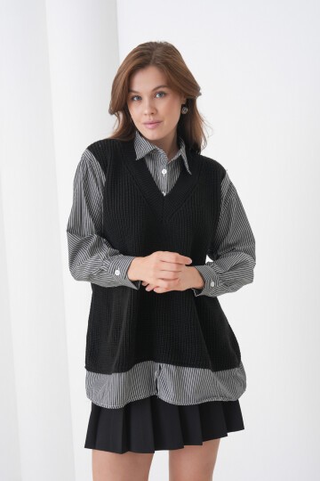 Kadın Uzun Kol Gömlek Yaka İçi Gömlekli Triko Yelekli Spor Şık Gömlek Kazak