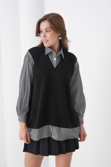 Kadın Uzun Kol Gömlek Yaka İçi Gömlekli Triko Yelekli Spor Şık Gömlek Kazak