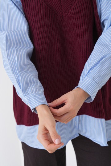 Kadın Uzun Kol Gömlek Yaka İçi Gömlekli Triko Yelekli Spor Şık Gömlek Kazak