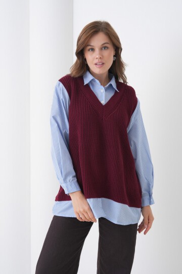 Kadın Uzun Kol Gömlek Yaka İçi Gömlekli Triko Yelekli Spor Şık Gömlek Kazak