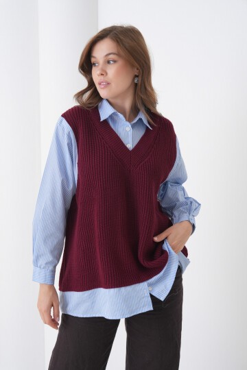 Kadın Uzun Kol Gömlek Yaka İçi Gömlekli Triko Yelekli Spor Şık Gömlek Kazak