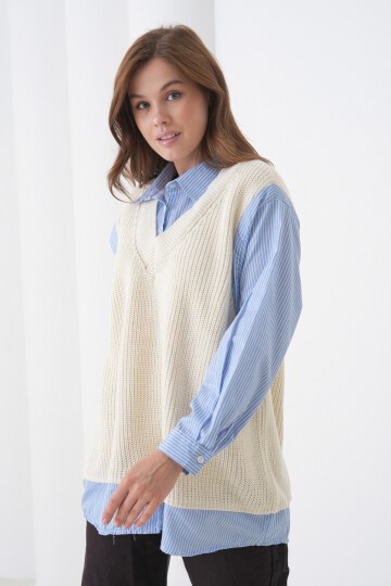 Kadın Uzun Kol Gömlek Yaka İçi Gömlekli Triko Yelekli Spor Şık Gömlek Kazak