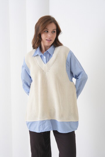 Kadın Uzun Kol Gömlek Yaka İçi Gömlekli Triko Yelekli Spor Şık Gömlek Kazak