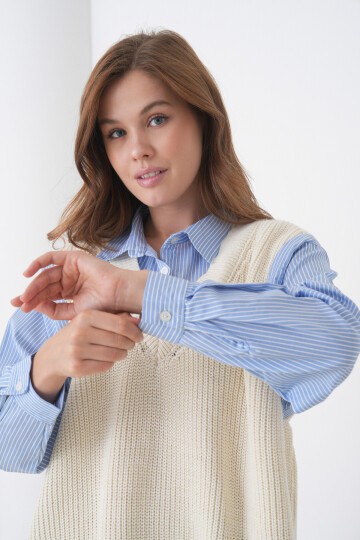 Kadın Uzun Kol Gömlek Yaka İçi Gömlekli Triko Yelekli Spor Şık Gömlek Kazak