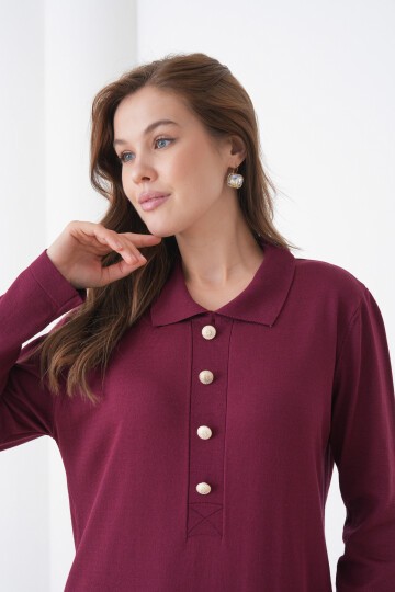 Kadın Uzun Kol Gömlek Yaka Triko Önden Düğmeli Triko Spor Şık Elbise