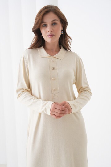 Kadın Uzun Kol Gömlek Yaka Triko Önden Düğmeli Triko Spor Şık Elbise