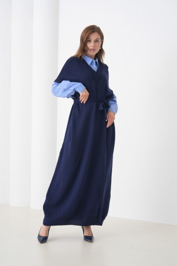 Kadın Uzun Kol Gömlek Yaka İçi Gömlekli Triko Kuşaklı Triko Spor Şık Elbise