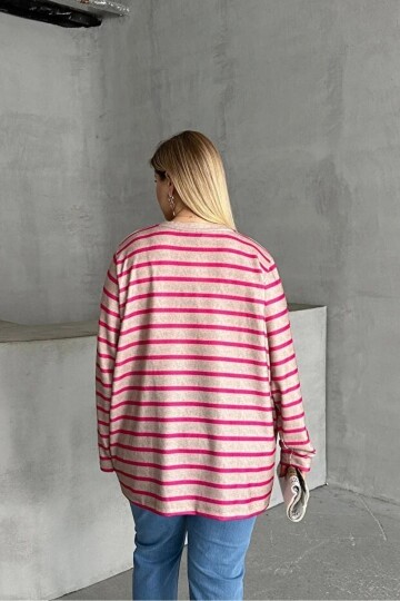 Kadın V Yaka Büyük Beden Oversize Kalıp Geniş Tunik Boy Yırtmaçlı Çizgili Uzun Kol Curve Yumoş Bluz