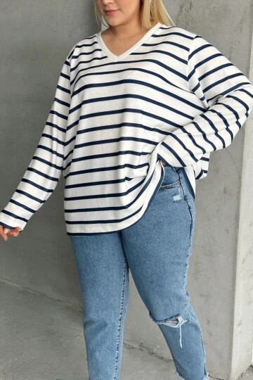 Kadın V Yaka Büyük Beden Oversize Kalıp Geniş Tunik Boy Yırtmaçlı Çizgili Uzun Kol Curve Yumoş Bluz