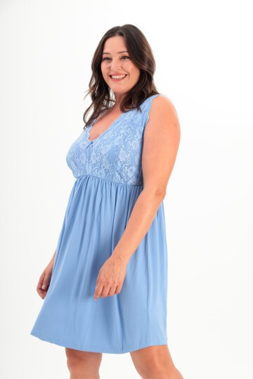 Kadın V Yaka Dantel Detay Askılı Şık Uzun Büyük Beden Curve Viskon Gecelik Elbise