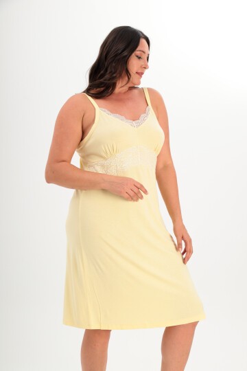 Kadın V Yaka Dantel Detay Askılı Şık Uzun Büyük Beden Curve Viskon Gecelik Elbise