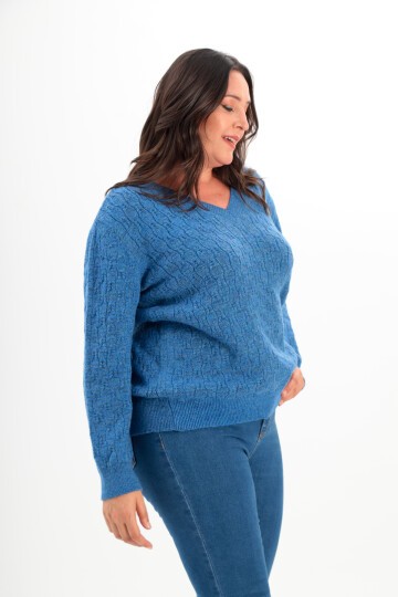 Kadın V Yaka Dokulu Büyük Beden Uzun Kol Rahat Kalıp Curve Spor Şık Kışlık Kazak