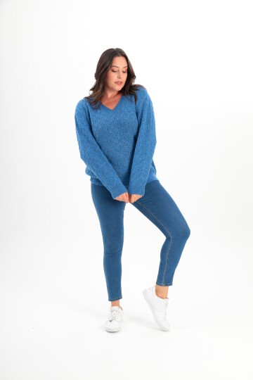 Kadın V Yaka Dokulu Büyük Beden Uzun Kol Rahat Kalıp Curve Spor Şık Kışlık Kazak