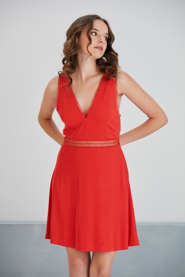 Kadın V Yaka Dokulu Yazlık Bel Detaylı A Kesim Nar Çiçeği Spor Şık Fermuarlı Askılı Tasarım Elbise