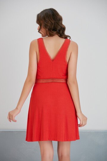 Kadın V Yaka Dokulu Yazlık Bel Detaylı A Kesim Nar Çiçeği Spor Şık Fermuarlı Askılı Tasarım Elbise