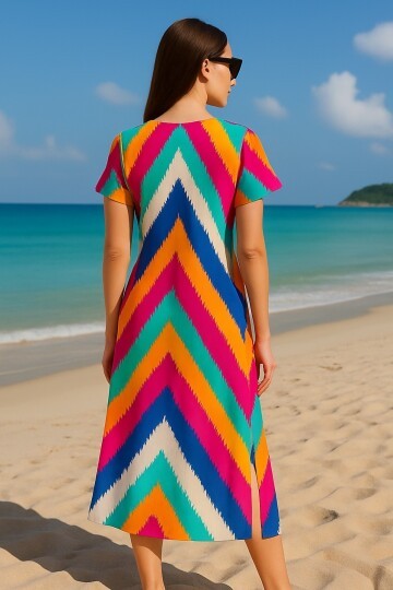 Kadın V Yaka Önden Büzgülü Yarım Kol %100 Viskoz Desenli Spor Şık Büyük Beden Curve Yazlık Elbise